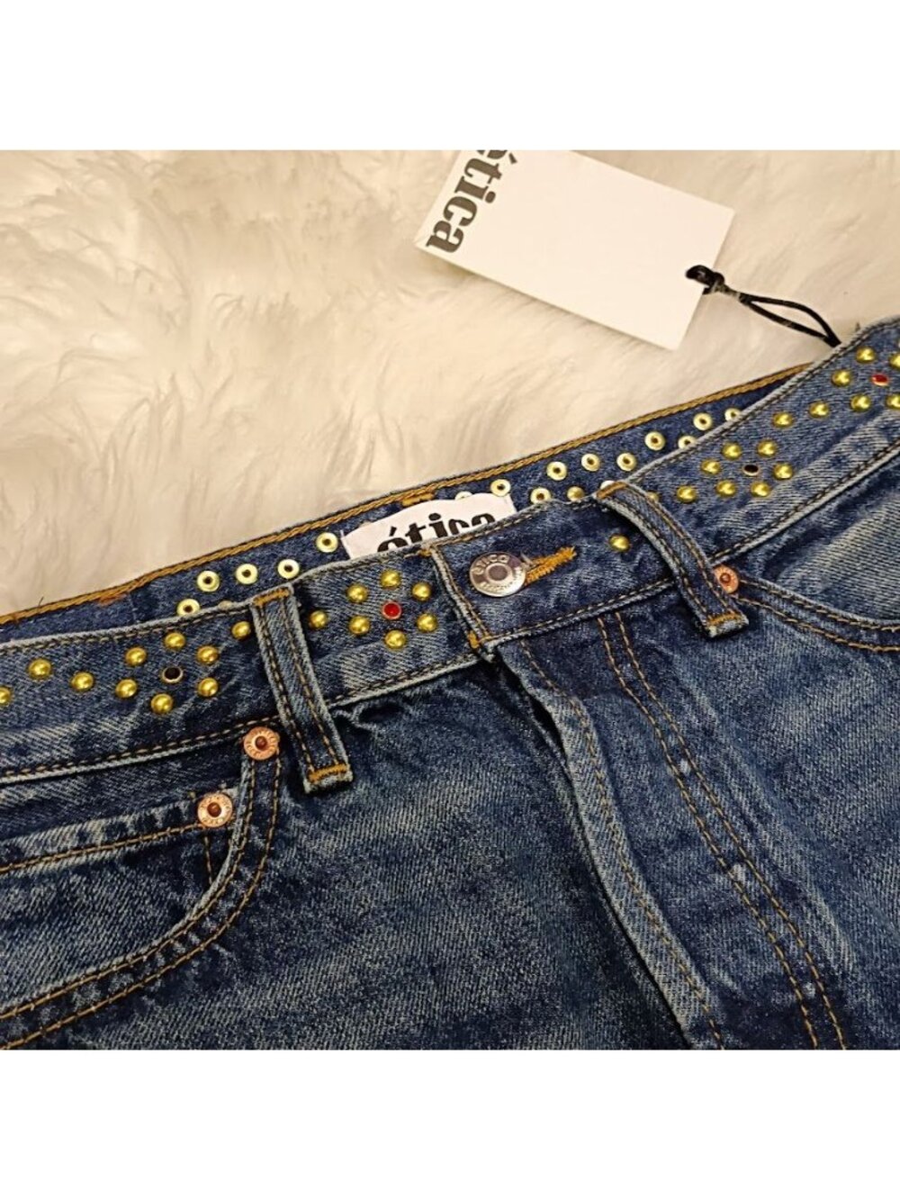 Ética Womens Denim Mini Skirt Blue Size 24 Organic Cotton Studded Frayed Hem New - Picture 7 of 15